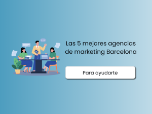 Ilustración con texto 'Las 5 mejores agencias de marketing Barcelona' y personas trabajando en oficina digital